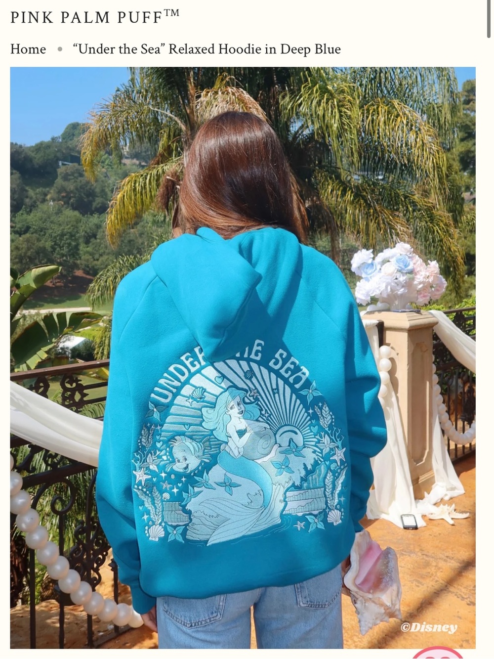 Pink Palm Puff Under the Sea” Relaxed Hoodie in Deep Blue